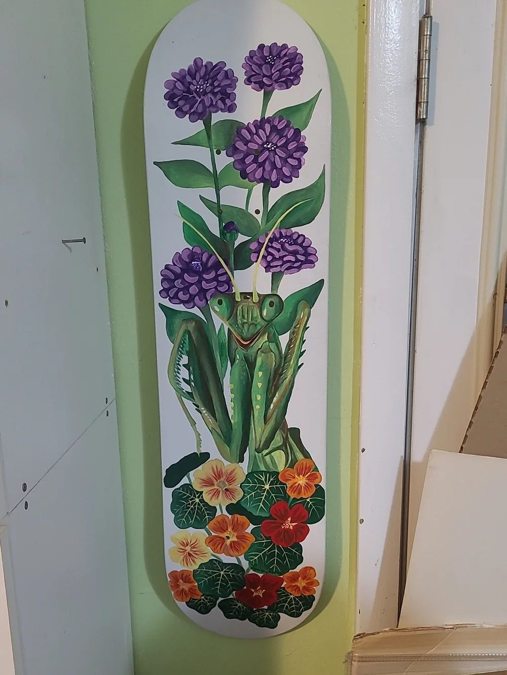 Hand-Painted Praying Mantis Wall Art - Green & Purple